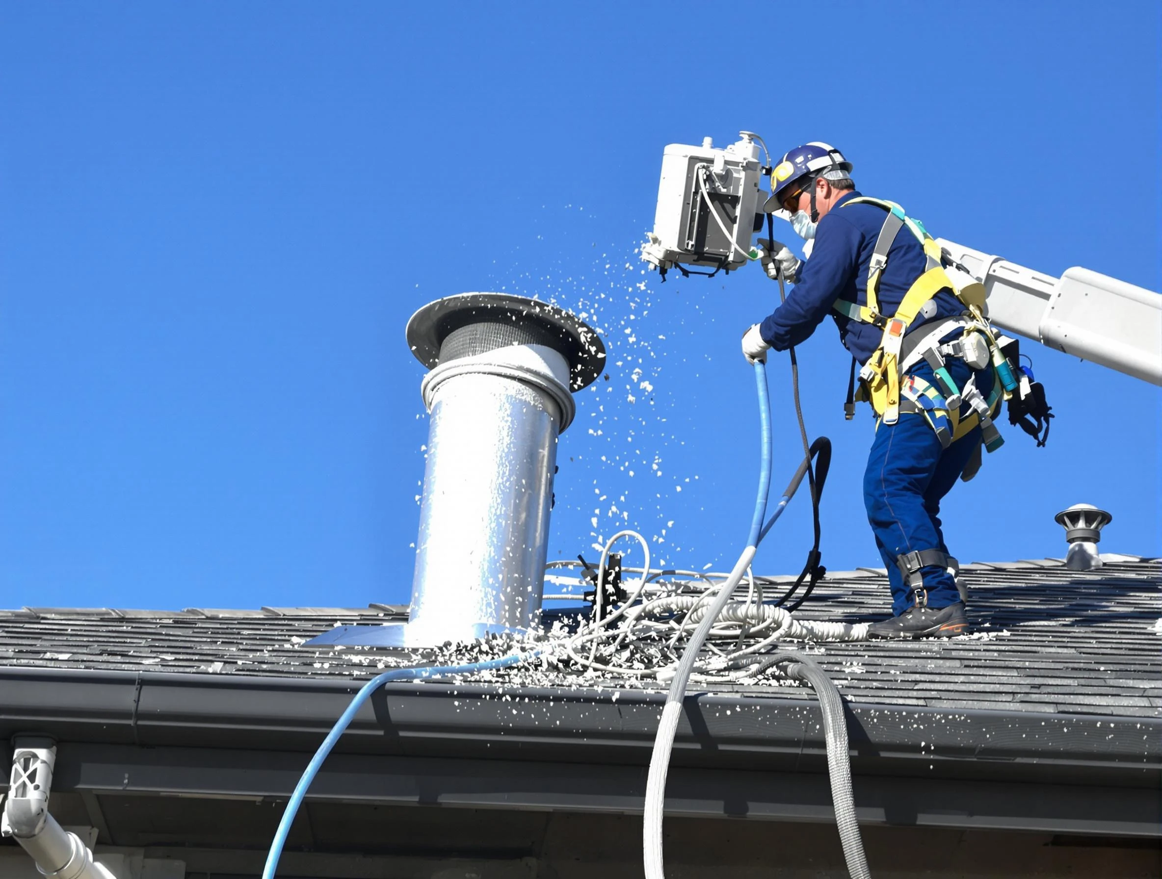 Milton Dryer Vent Cleaning certified technician safely cleaning a roof-mounted dryer vent in Milton
